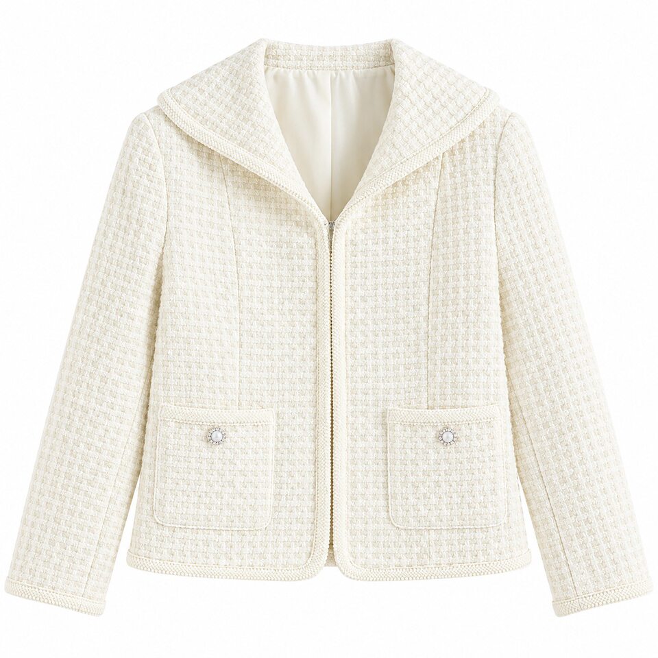 Áo khoác ngắn nữ dáng vest chất liệu len cừu phối vải tweed thanh lịch — Vanilla trắng chi tiết 13