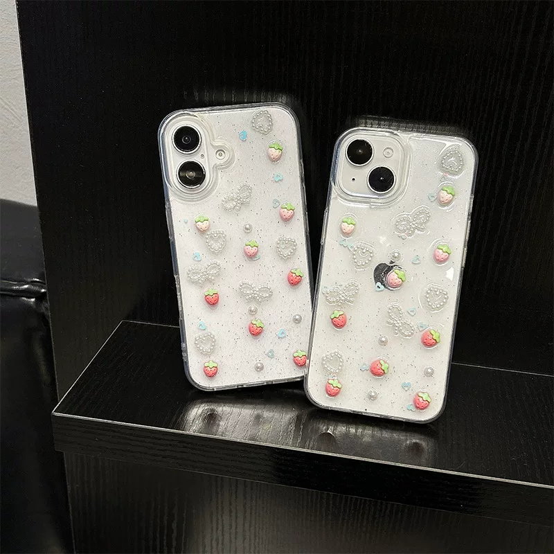 Современный бренд Apple совместимый чехол, прозрачный iphone16, клубника, бант из жемчуга