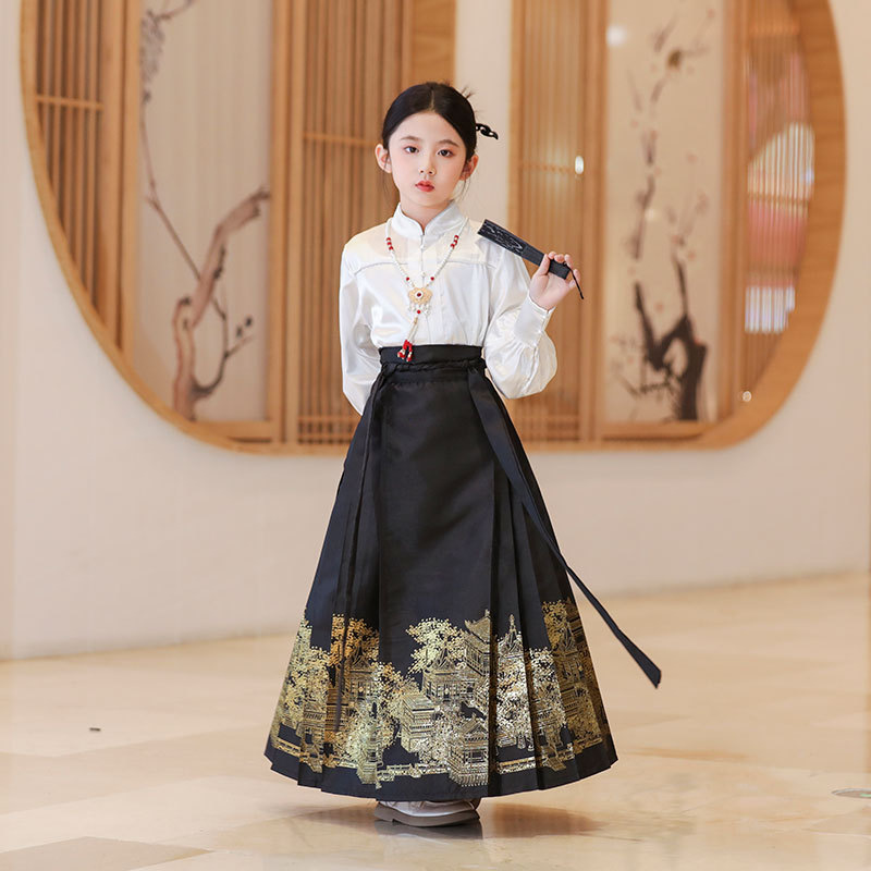儿童织金马面裙汉元素新中式小女孩立领刺绣长袖衬衫气质两件套