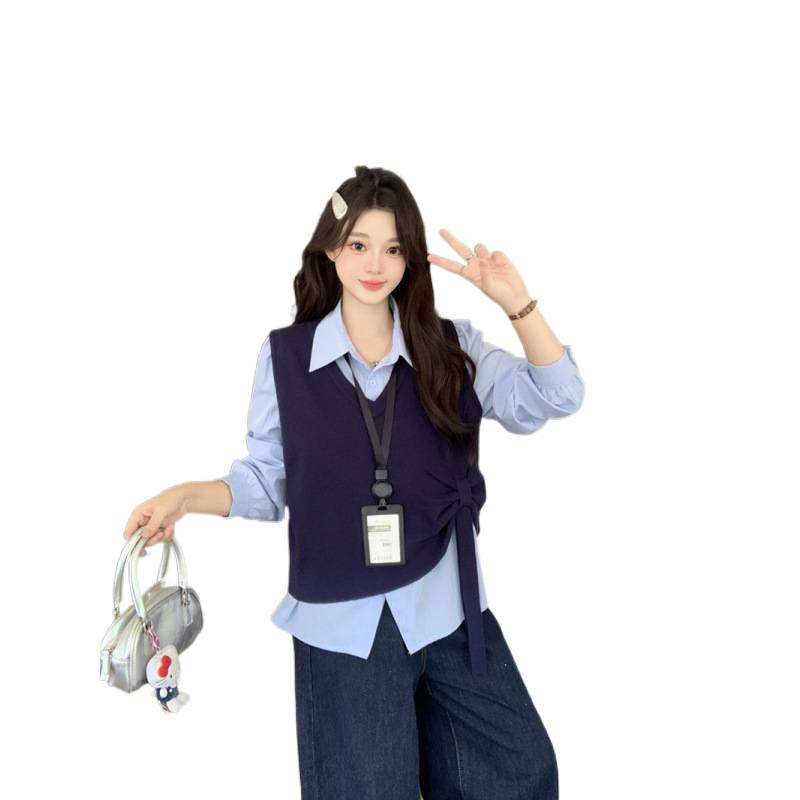 2025秋装新款胖mm大码女休闲减龄针织马甲背心衬衣两件套|undefined
