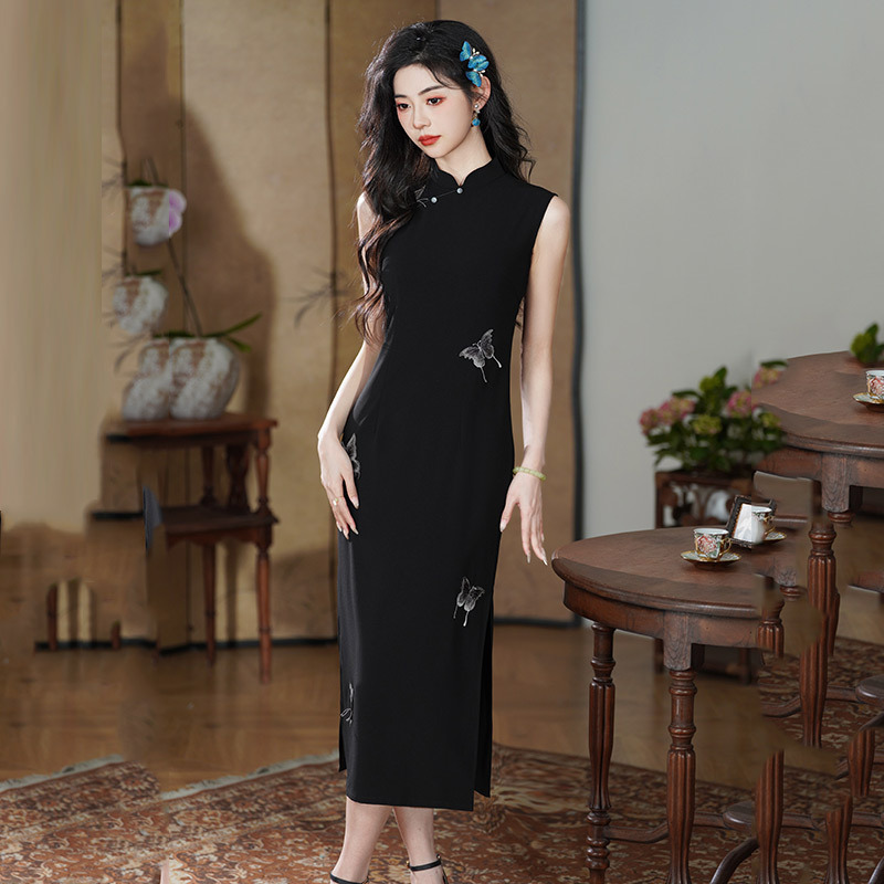 Black long lightweight retro summer cheongsam sleevless