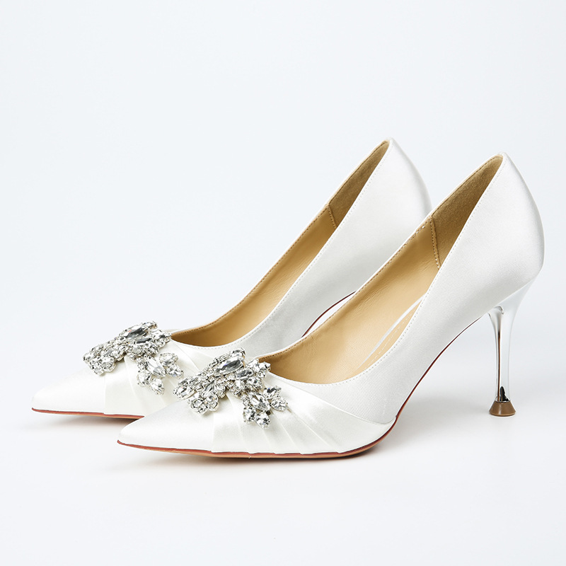 H-18 High Heels Wedding Banquet Women Elegant Stiletto Sexy Bridesmaid Pointed Toe Style White Large Size Single_vogvips.com
