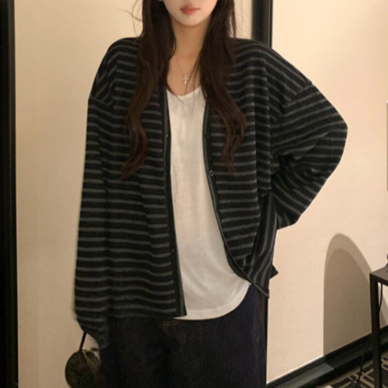 慵懒风条纹长袖外套女2025秋季新款复古盐系薄款单排扣欧洲站上衣|undefined