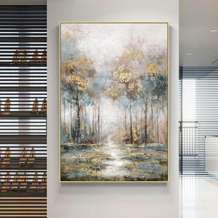 Pure Hand-Painted Oil Painting American Simple Abstract Decorative Painting Accessible Luxury Gold Foil Forest Entrance Hanging Painting Hotel House Mural