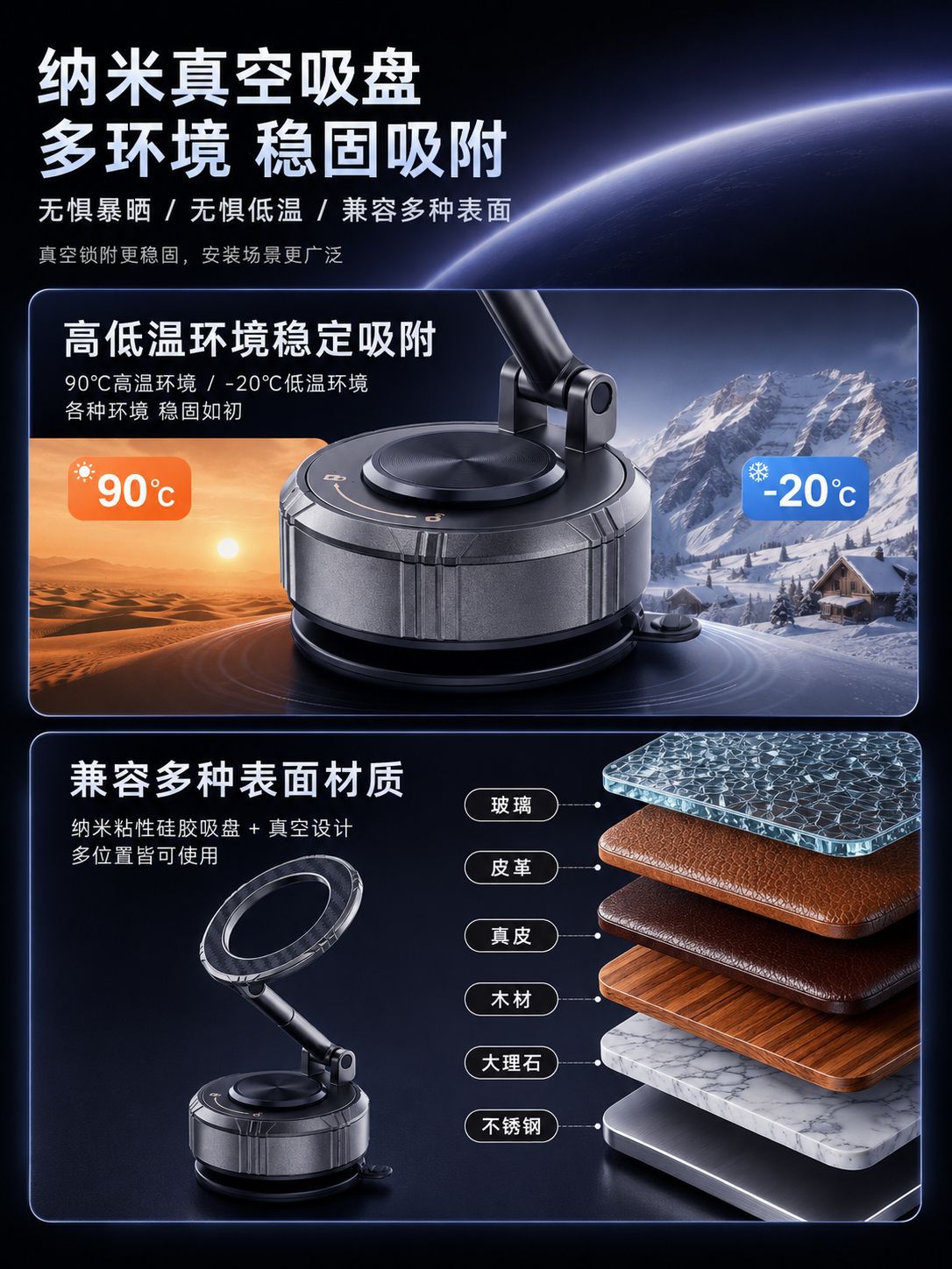 Foldable four-axis rotating portable magnetic car phone holder, universal for car center console navigation phone stand