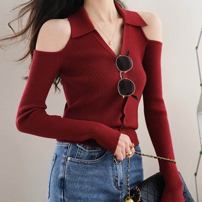 Polo Collar Knitted Cardigan Red Base Shirt Women's Autumn and Winter Western-style Fur Inner Sweater Hanging Neck Shoulder Top