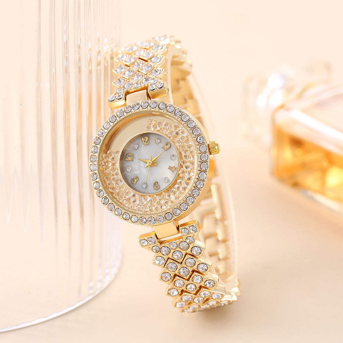 Fashion quicksand ball rhinestone Women's Watch Diamond Steel Belt bracelet digital dial light luxury watch_voghion.com