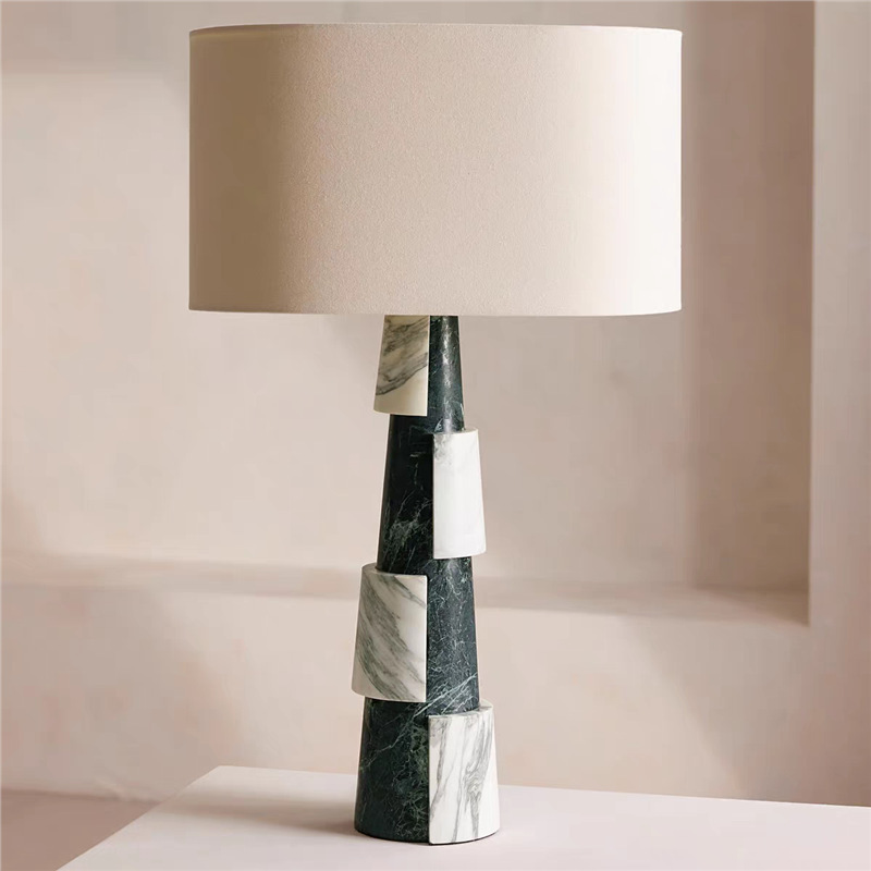 American-Style Light Luxury Natural Marble Splicing Table Lamp, Retro Personality, Contrasting Colors, Creative High-End Bedroom Bedside Table Lamp