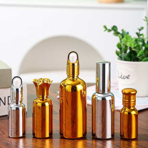 Gold-Plated Glass Essential Oil Bottles 10-100ml Empty Dropper Bottles with Silicone Cap, Silver Spray Bottles for Wholesale