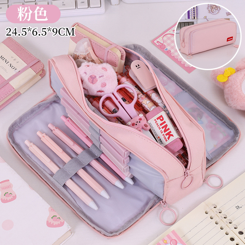 Nuevos productos transfronterizos, simple y de alto valor, caja de papelería multifuncional para estudiantes de tres capas, bolsa de almacenamiento de lápices de examen para niñas