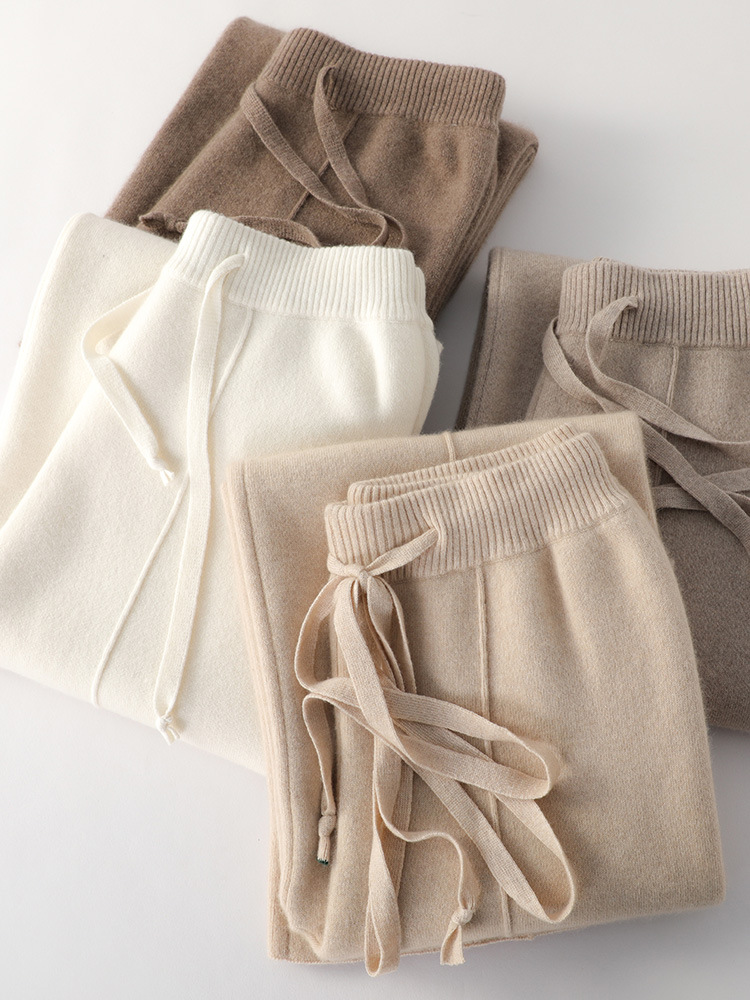 Pantalones Tejidos de Pierna Ancha para Mujer de Lana Sintética con Cintura Alta para Otoño e Invierno