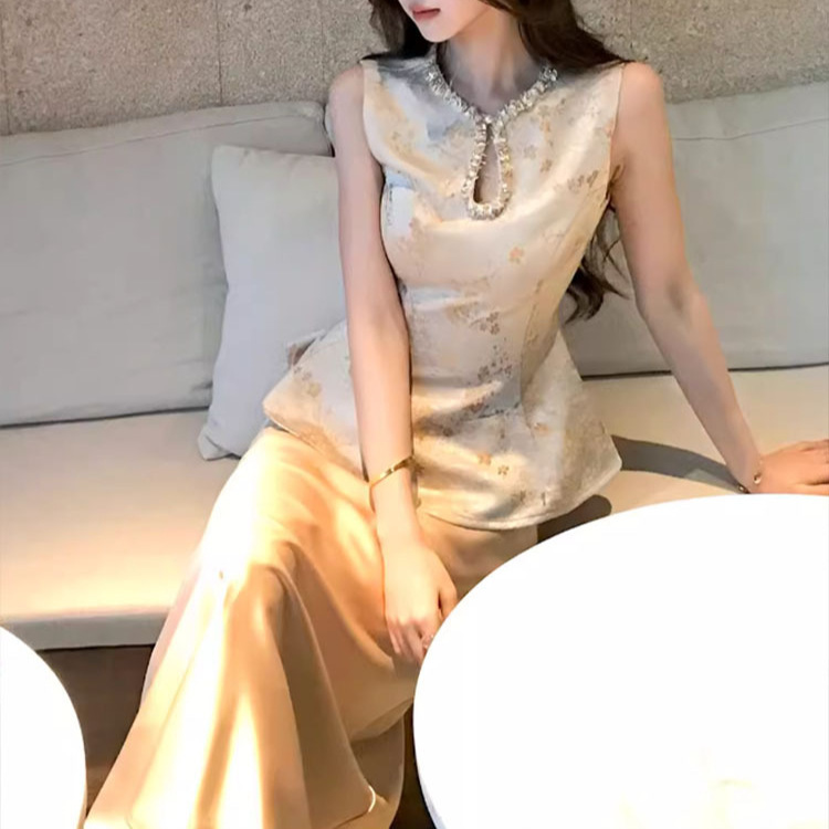 New Chinese-Style High-End Satin Jacquard Sleeveless Waist-Cinching Vest Top and Drapey Skirt Set for Summer