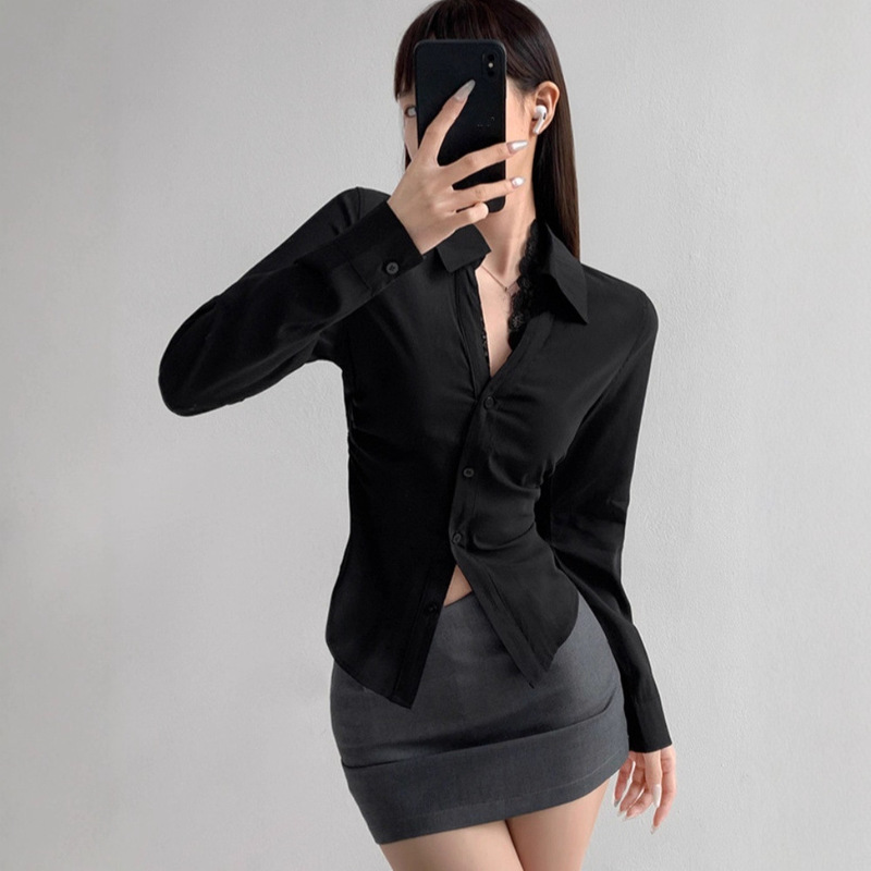 Autumn 2025 New Arrivals: Sister-Style, Mature, Solid Color, Waist-Cinching, Slimming, Button-Up, Lace-Trimmed Cardigan Shirt Top