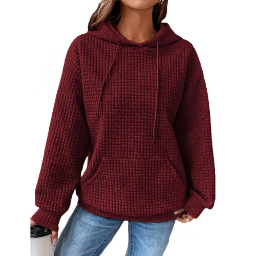 Spring European and American Women's Apparel Honeycomb Crew Neck Long Sleeve Hoodie Solid Color Top for Women