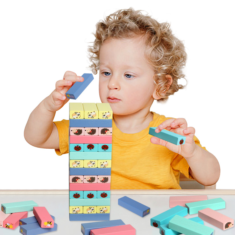 Juguetes de rompecabezas para niños 54 bloques de construcción de barril de color superpuestos de alta extracción de bloques de construcción de juegos de mesa de rompecabezas para niños