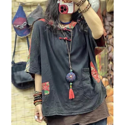 Short sleeved Mosaic Women's wear Cotton and hemp T-shirt 2022 summer Do the old Versatile Easy frog leisure time printing Hooded jacket
