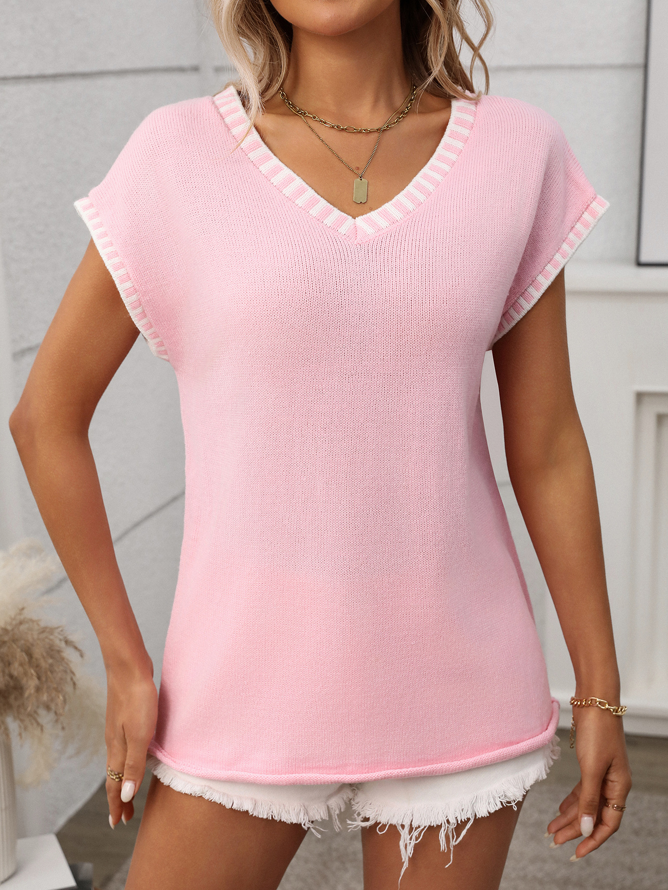 Women's Striped V-neck Knitted Pullover Short Sleeve Knit Top_voghion.com