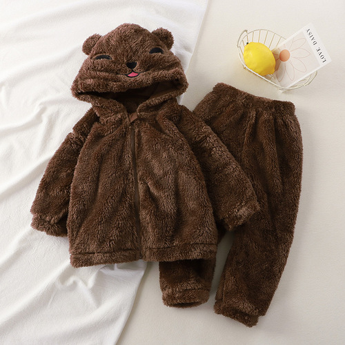 Children's Autumn and Winter New Fleece Hooded Pajama Set for Boys and Girls, Cute Plush Sweatshirt and Pajamas for Toddlers