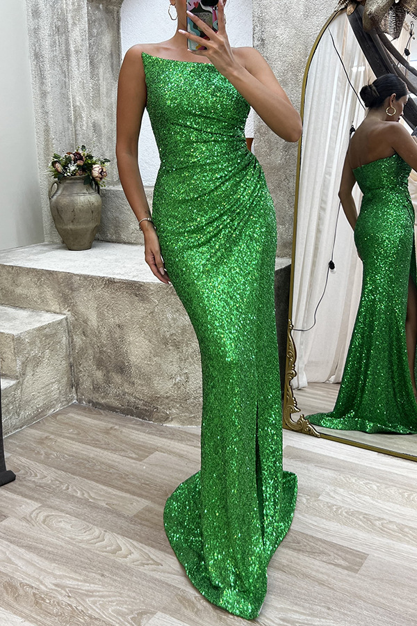 Women's Party Dress Streetwear Strapless Sequins Slit Zipper Sleeveless Solid Color Maxi Long Dress Banquet Party display picture 4