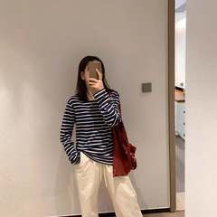 2025春高品質精櫛長毛綿刺繍模様縞丸首長袖tシャツjby163309