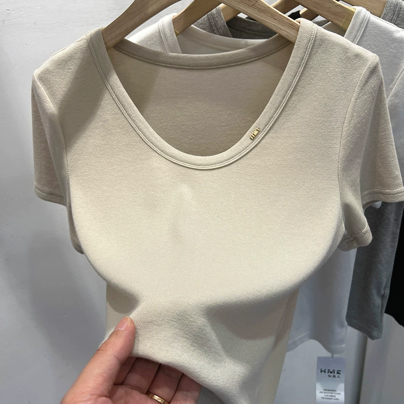 Европейская мягкая и приятная для кожи футболка с круглым вырезом и короткими рукавами для женщин, лето 2025, новый стиль, рубашка с внутренним слоем в иностранном стиле, топ