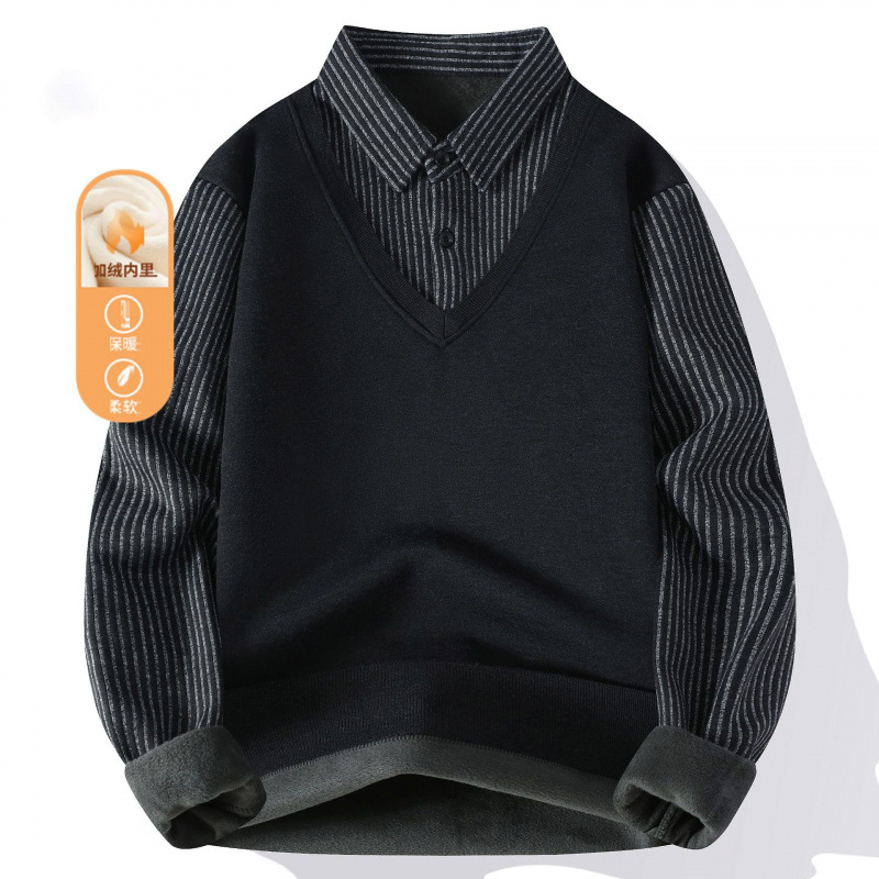 Cross-border sales hit a high this fall and winter: men's faux two-piece knitted, fleece-lined, thickened, versatile shirt-collar sweater inner top