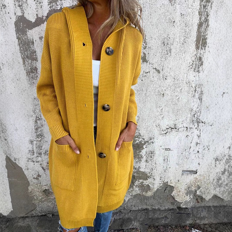European and American Cross-border Foreign Trade Women's Autumn and Winter Sweater Cardigan Fashion Long Hooded Knitted Coat with Pocket Button for Women