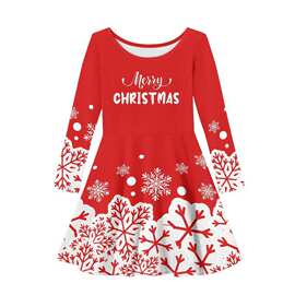 跨境亚马逊碎花圣诞长袖连衣裙女童裙Marry Christmas dress代发