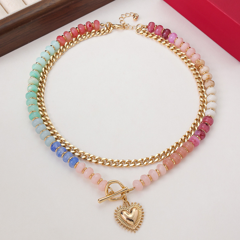 Cross-Border Tk Popular Dopamine Colorful Beaded Necklace for Women, Niche Layered Alloy Heart Pendant Clavicle Chain