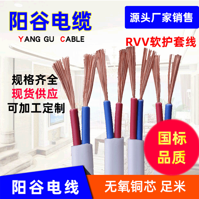 厂家供应阳谷电线RVV护套线2*2.5平方铜芯家装用两芯护套电源线