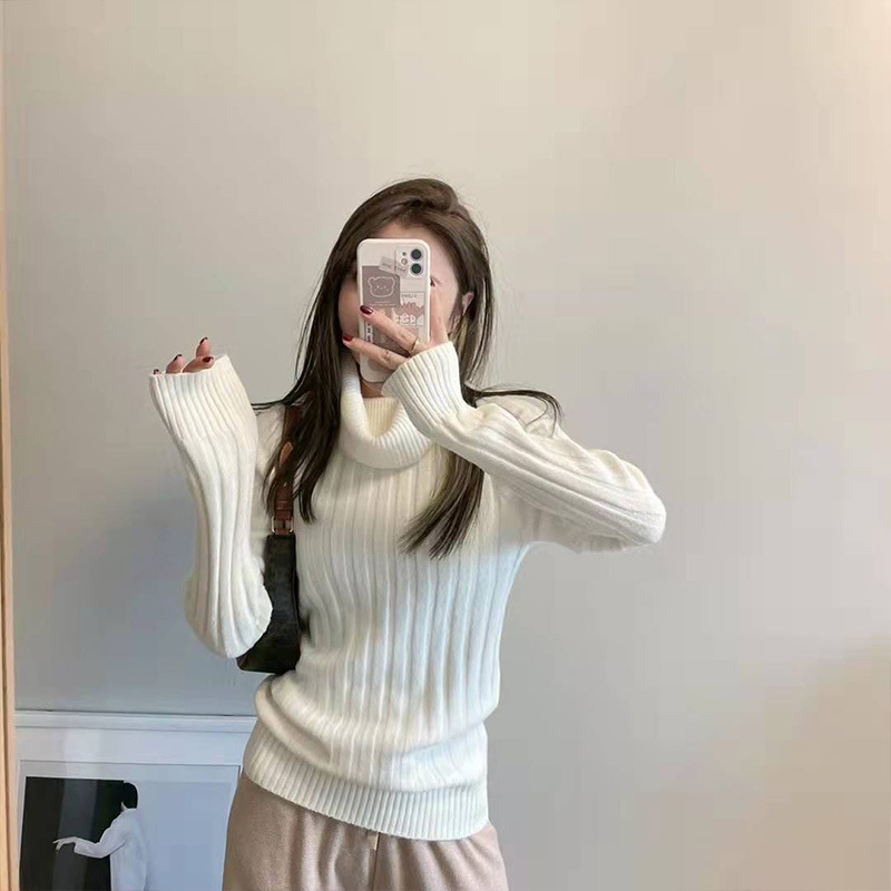 Piled Collar Sweater Turtleneck Pit Slim-fit White Base Sweater Women's Inner Slim-fit Long-sleeved Knitted Sweater