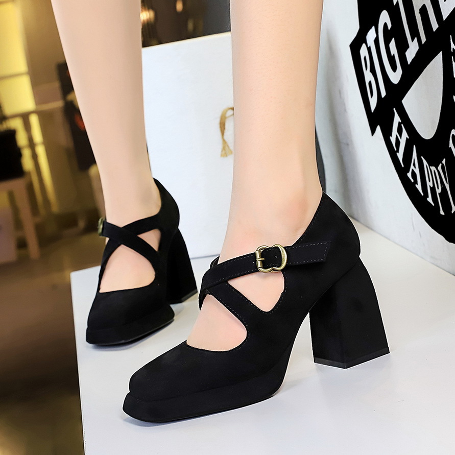 9613-8 European And American Style Women's Shoes, High-heeled, Chunky Heel, Platform, Shallow Square Toe, Buckle, Suede,_vogvips.com