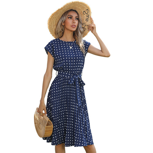 Amazon Cross-border Summer Hot Sale European and American Medium-length Skirts Retro Elegant Short-sleeve Polka Dot Pleated Dresses