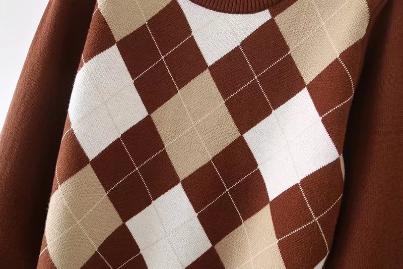 Brown Rhombus Lattice Long-Sleeved Sweater NSXFL107106