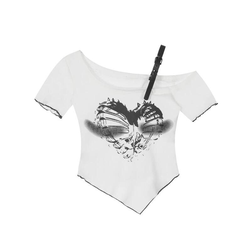 American Sweet and Spicy Style Heart Print Off-Shoulder Short-Sleeved T-Shirt Men's Subculture Y2K Millennium Style Women's Suspender Slanted Shoulder Top