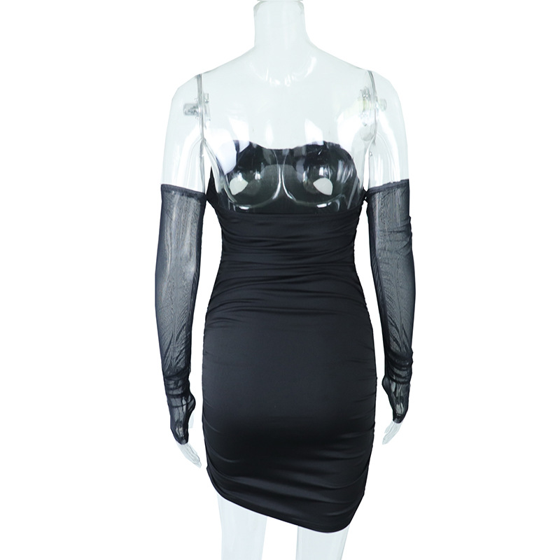 Spring Summer Office Wrapped Chest Backless Mesh Stitching Long Sleeves Mid Waist Classic Dress