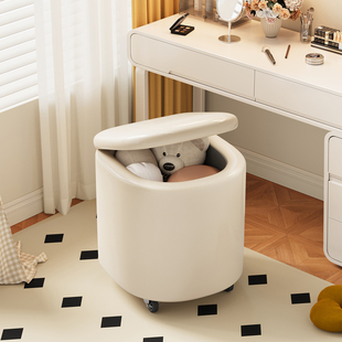 Storage Stool, Makeup Stool, Dressing Table Stool, Girls' Bedroom Cream Style Rotating Universal Wheel Manicure Chair Square Stool Low Stool