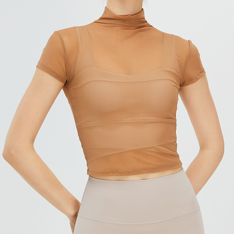 Nuevo retro cuello alto yoga blusa camiseta de las mujeres de secado rápido deportes blusa fitness superior malla protector solar ropa de yoga