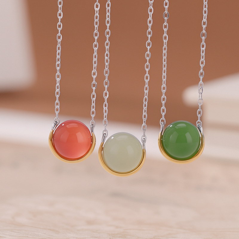Mặt dây chuyền bạc S925 đính ngọc bích Hotan – Jasper Thanh Đảo – Mã não đỏ kiểu Trung Quốc — Dây xích - Chain