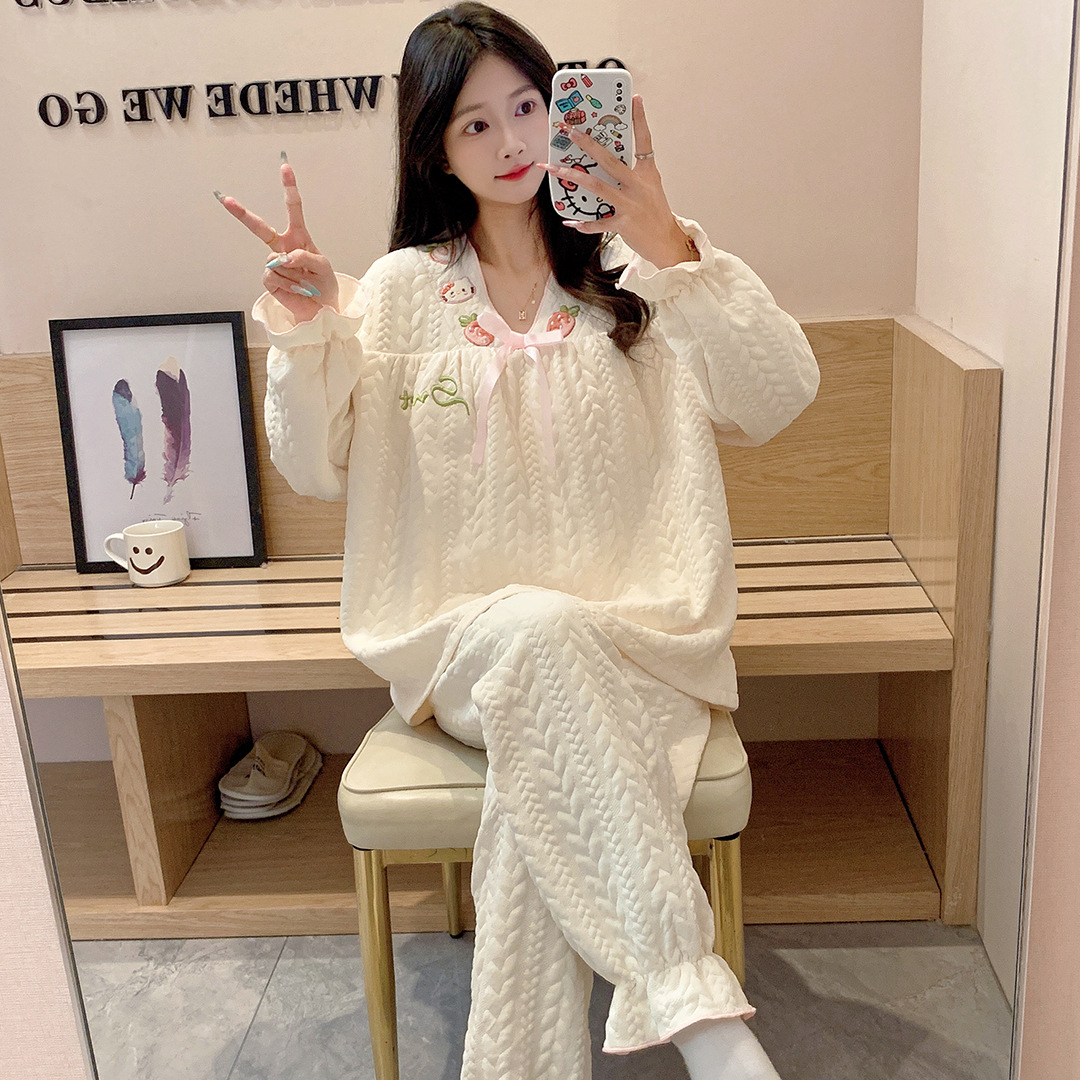 가을과 겨울 새로운 여성의 집 옷 캐주얼 편안한 부드러운 잠옷 두꺼운 따뜻한 샌드위치 잠옷 세트