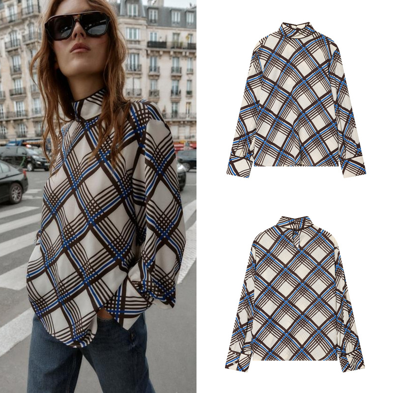Za Cross-Border Export Spot 2025 European and American Style New Autum Women's Fashion Trend Plaid Turtleneck Shirt