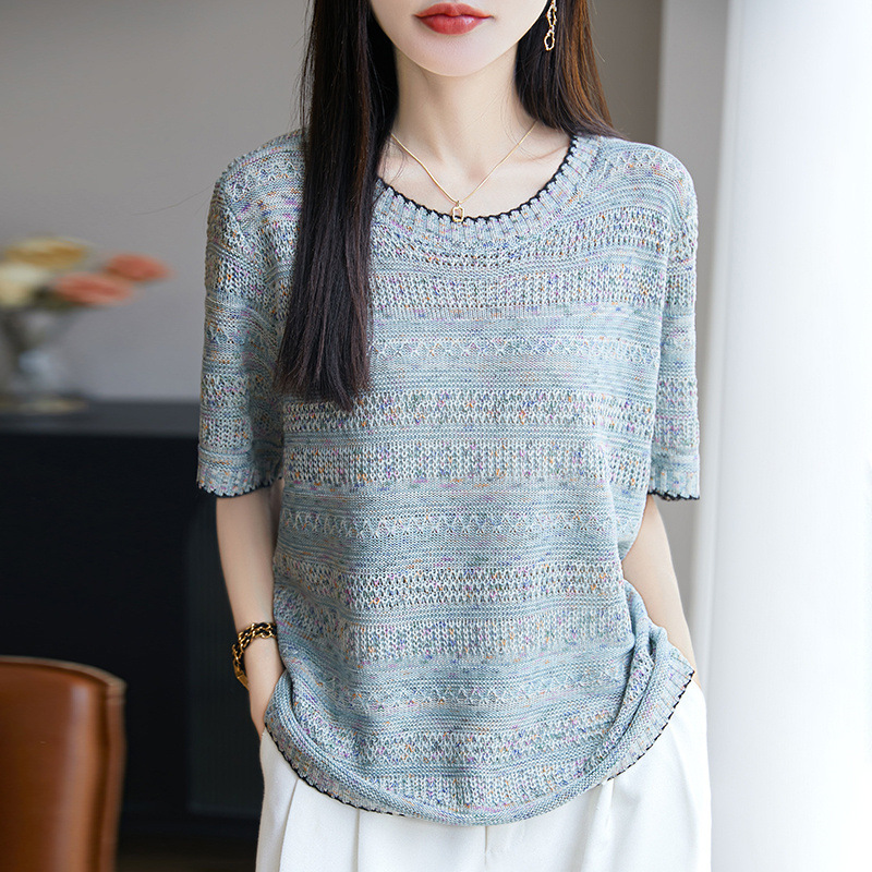 Western Style New Short-sleeved Summer Loose Slimming Age-reducing All-match Top Women's Colored Yarn Gook V-neck Sweater Women's Clothing