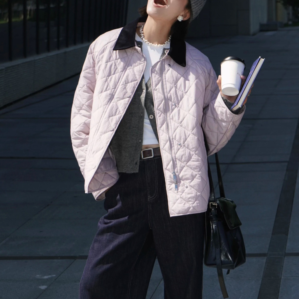 现货 复古简约菱形翻领拼接菱格粉色棉服外套女夹棉上衣冬L5940