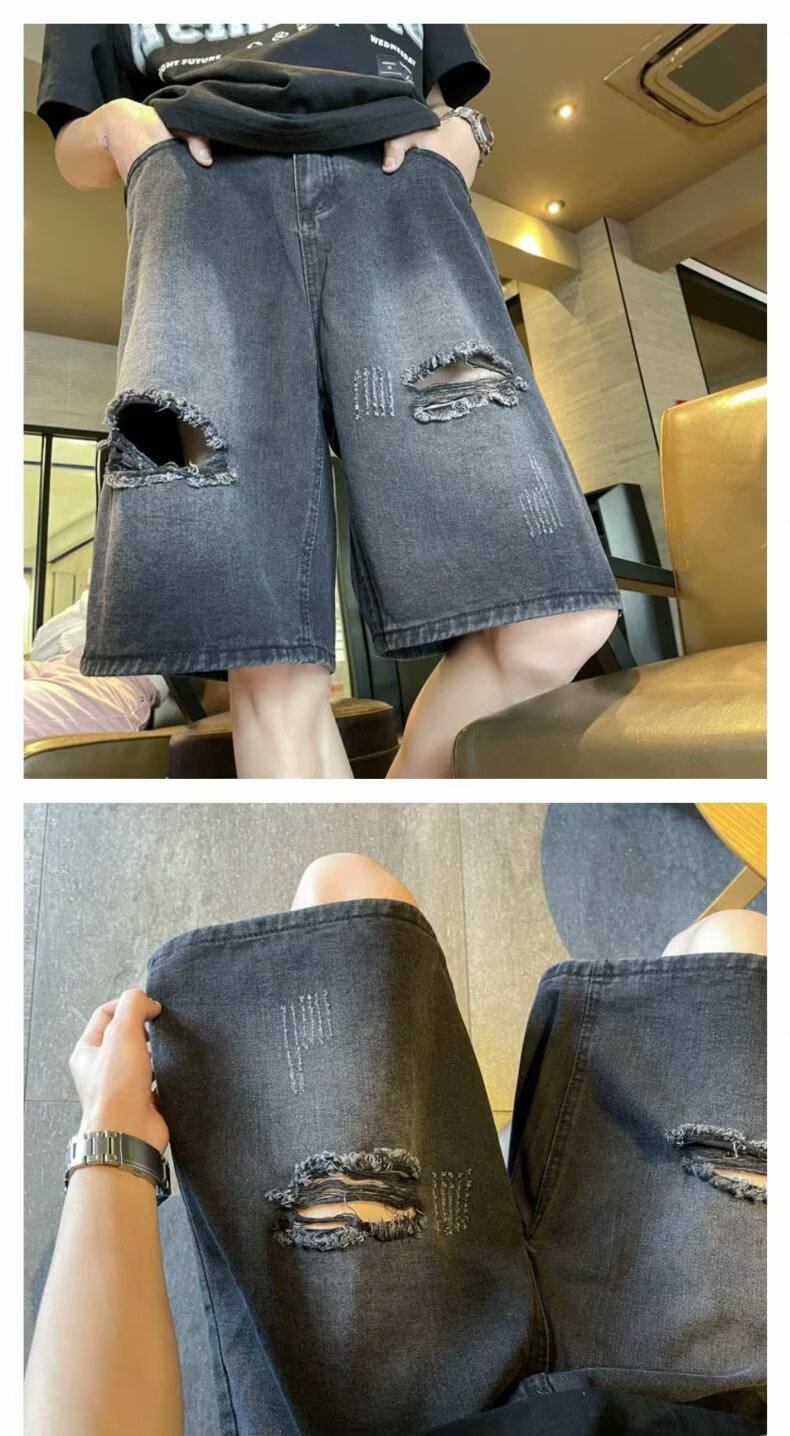 Men's Clothing Men's Trendy Casual Ripped Wide Leg Capri Pants High Street Washed Distressed Denim Shorts Summer Style_viptrois.com