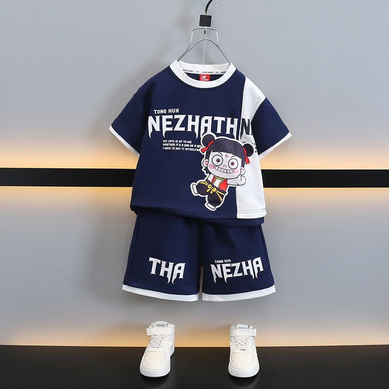 7928 traje de verano para niños 2025 nuevo traje de dos piezas de manga corta de dibujos animados para niños ropa delgada de verano para bebés de moda