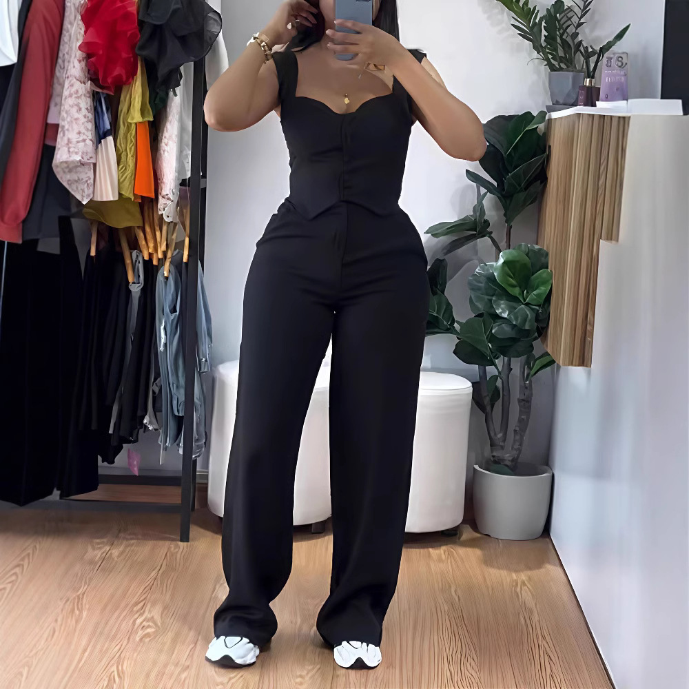 Nuovo completo da donna color albicocca composto da canotta e pantaloni a gamba larga a vita alta, outfit casual e aderente per l'autunno._voghion.com