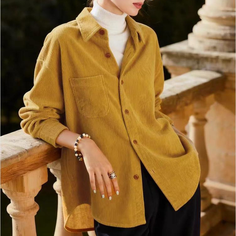 Corduroy Lapel Long-Sleeved Shirt for Women 2026 Spring and Autumn New Style Elegant Workwear Shirt Layered Top