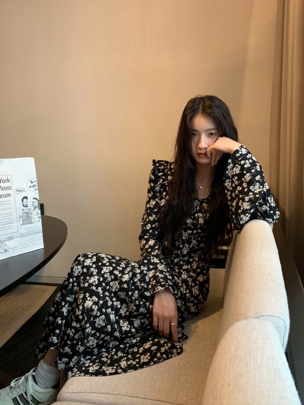 pusumede 法式碎花连衣裙女荷叶边设计感收腰气质鱼尾裙长款裙子|undefined