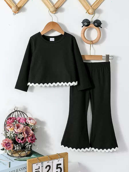 Girls' Spring and Autumn New Fashionable Children's Black Long-sleeved Trousers Two-piece Set