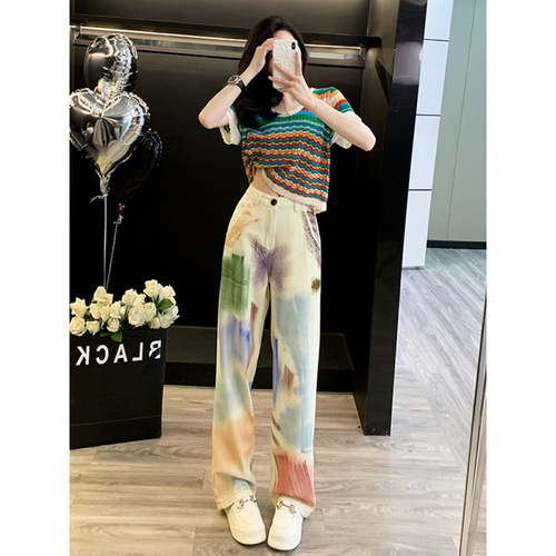 High Street Personality Colorful Graffiti High-Waist Denim Pants for Women Summer Crew Neck Striped Short-Sleeve Commute Fashion Outfit Set